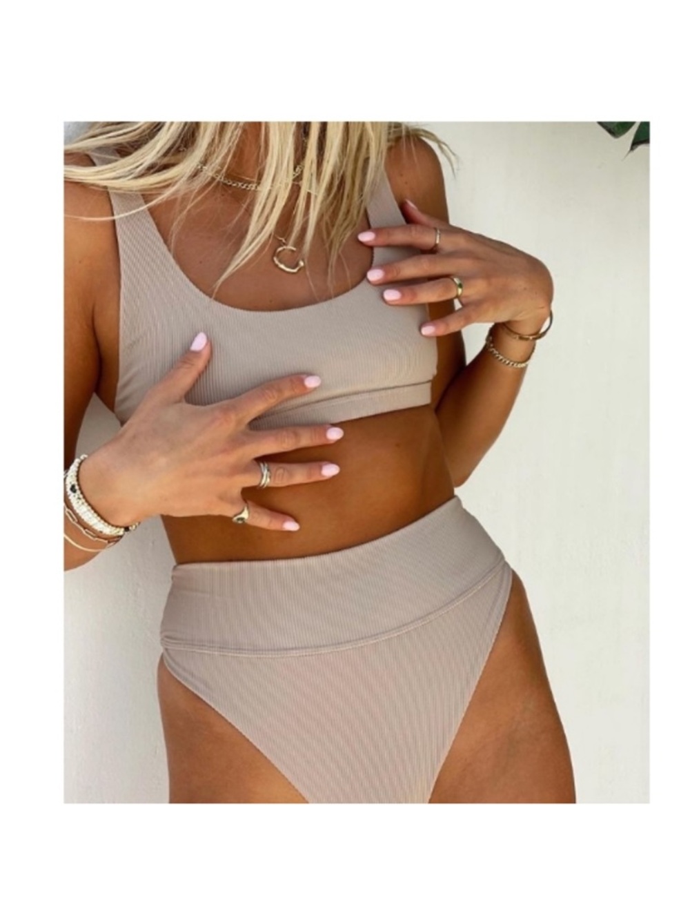 Beach Riot Ribbed High-Waist Bikini Set- Tan, Large - Picture 3 of 5
